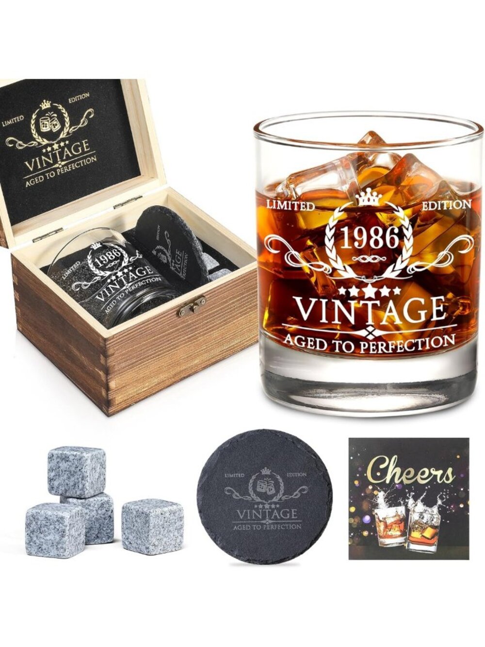 Unique 40th Birthday Gifts for Him - Whiskey Glass Set, Stones & Coaster in Wood